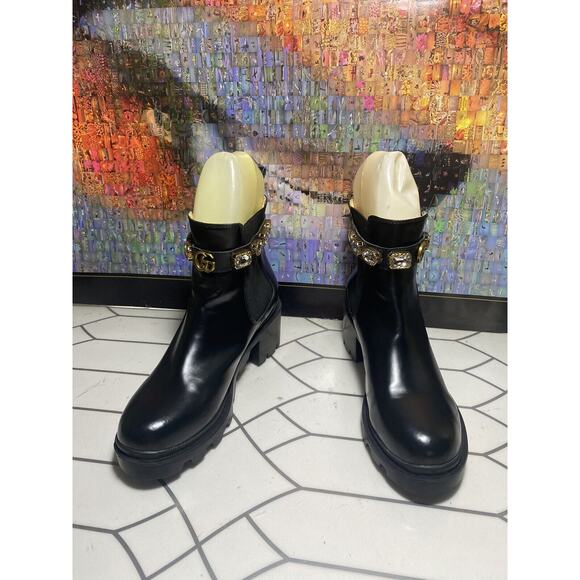 Gucci Trip Black Leather Crystal Embellished Ankle Chelsea Combat Boot EU 41in - Picture 2 of 16